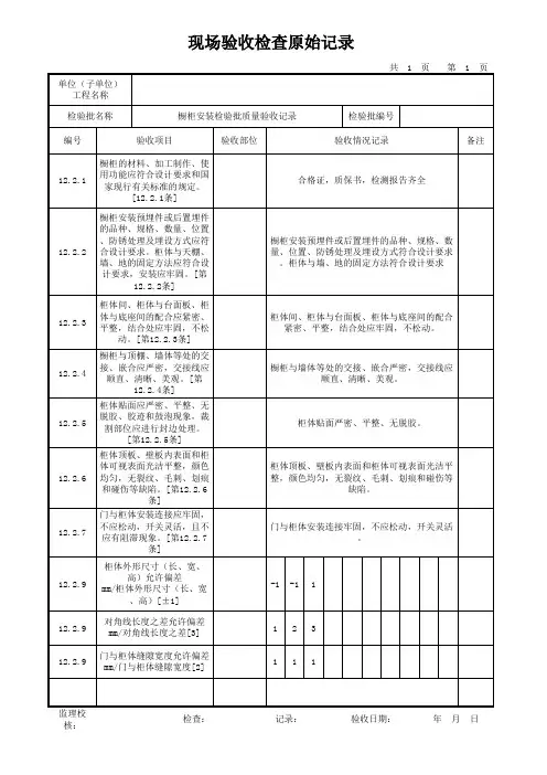 精装修 全装修橱柜安装报审表、检验批质量验收记录表、现场验收检查原始记录