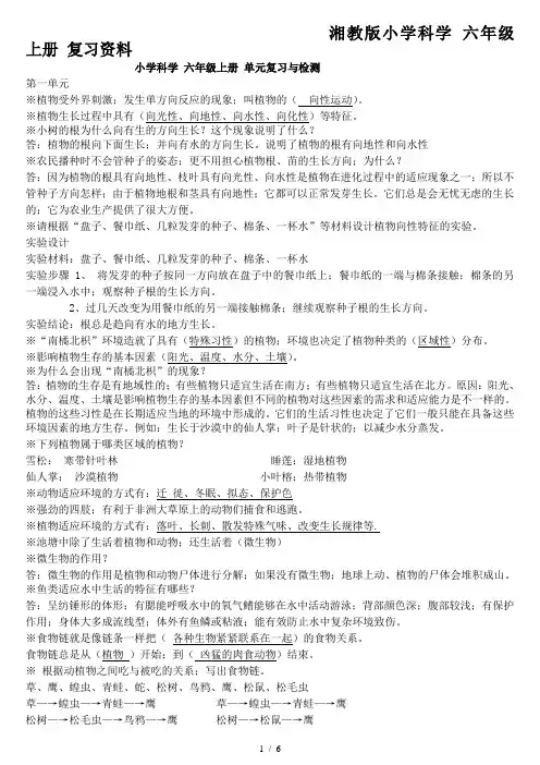 湘教版小学科学 六年级上册 复习资料