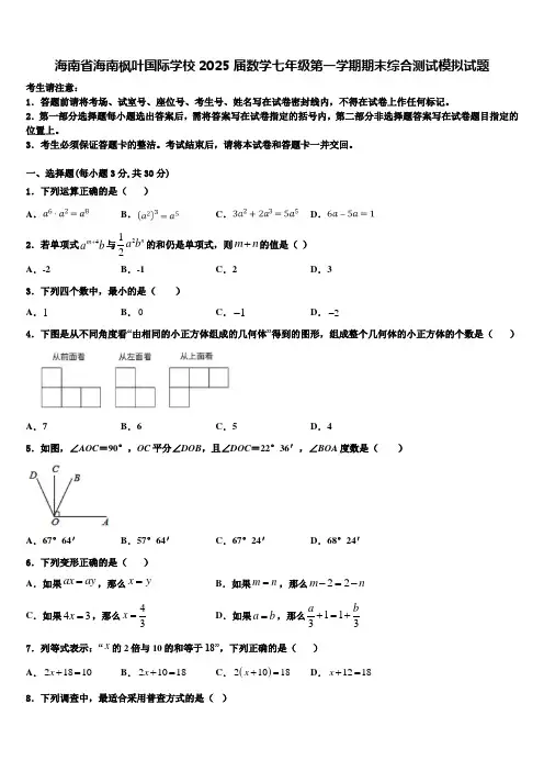 海南省海南枫叶国际学校2025届数学七年级第一学期期末综合测试模拟试题含解析
