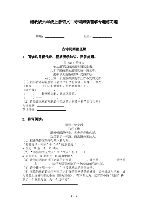 湘教版六年级上册语文古诗词阅读理解专题练习题