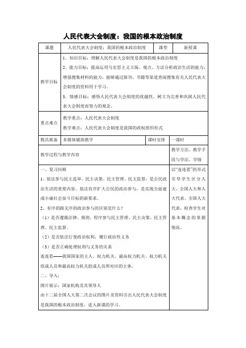 教学设计3：6.2 人民代表大会制度：我国的根本政治制度