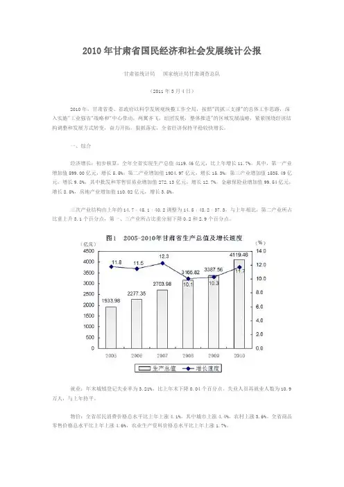 2010年甘肃省国民经济和社会发展统计公报