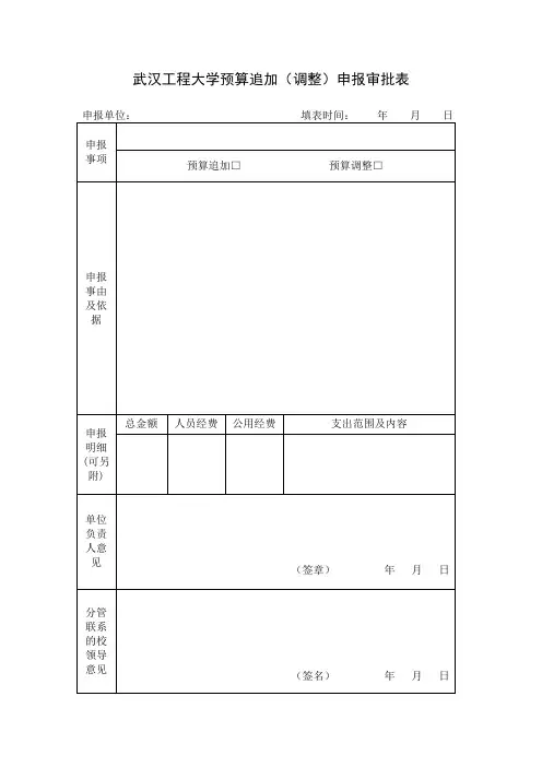 武汉工程大学预算追加调整申报审批表