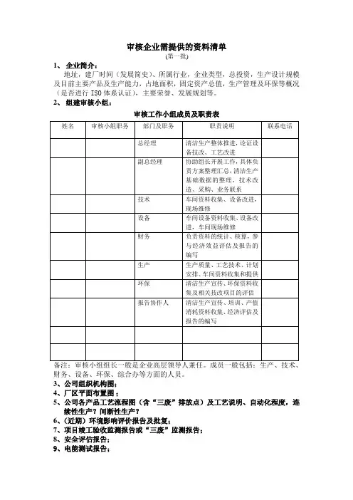 清洁生产审核企业需要填写的资料
