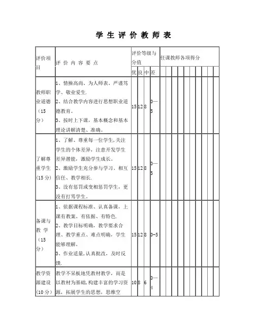 中学学生评价教师评价表