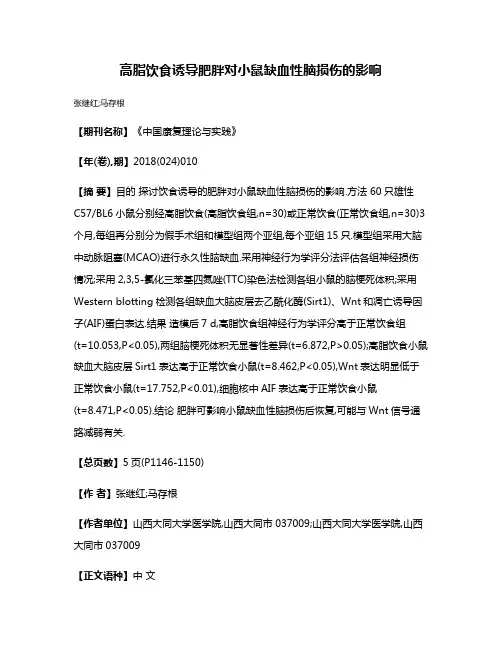 高脂饮食诱导肥胖对小鼠缺血性脑损伤的影响