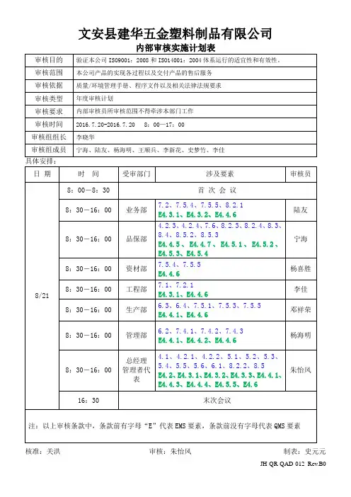 内部审核实施计划表