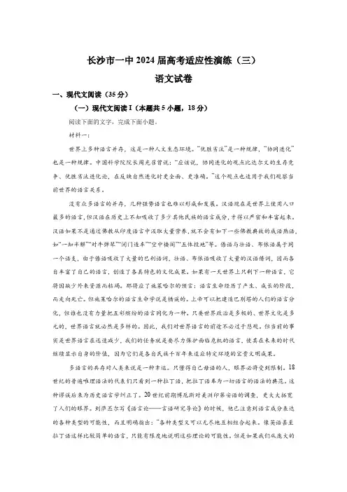 湖南省长沙市第一中学2024届高考适应性演练(三) 语文试题(含解析)