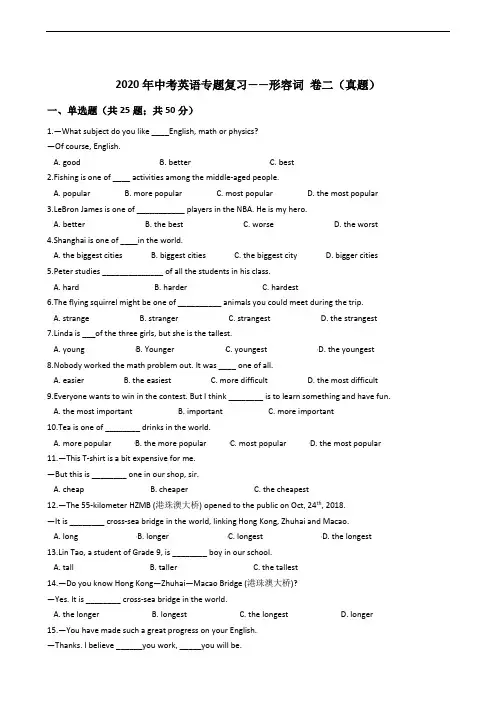 2020年中考英语专题复习——形容词 卷二(真题)