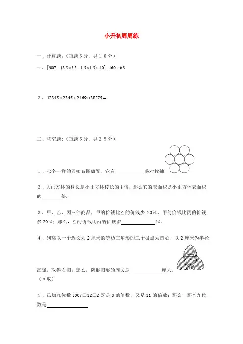 六年级数学小升初周周练19无答案青岛版