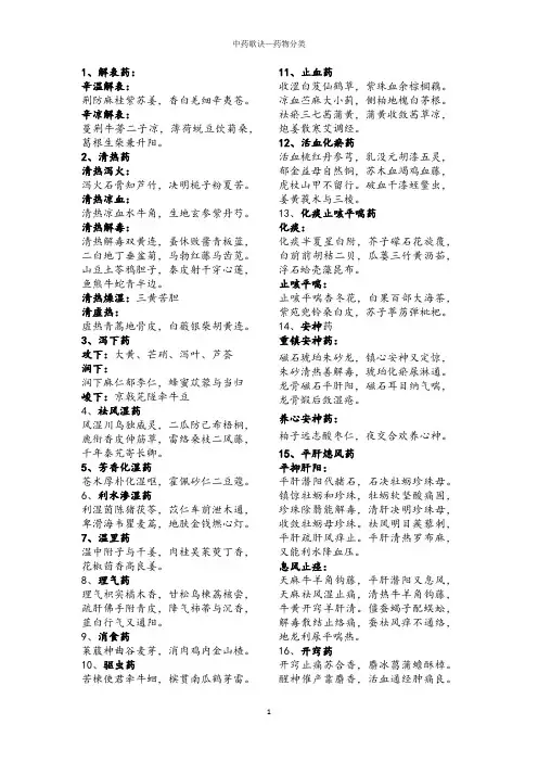 中药歌诀--药物分类