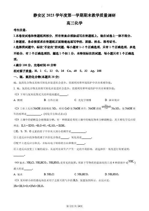 2023-2024学年上海市静安区高三上学期高考一模化学试卷(解析版)