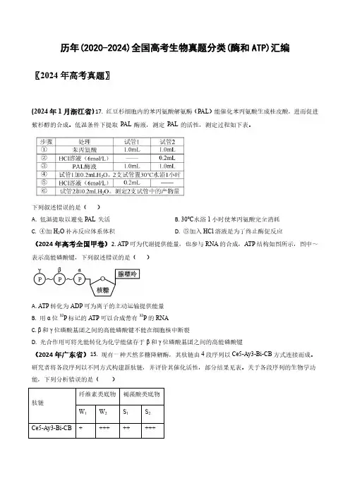 历年(2020-2024)全国高考生物真题分类(酶和ATP)汇编(附答案)