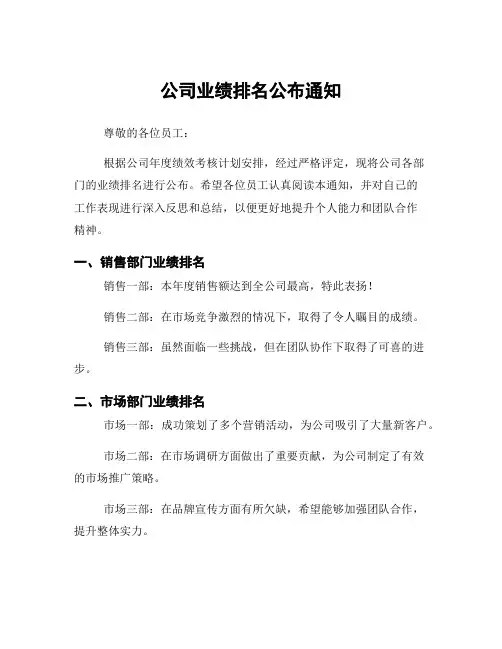公司业绩排名公布通知