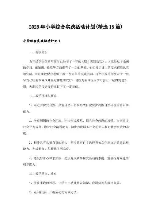 2023年小学综合实践活动计划(精选15篇)