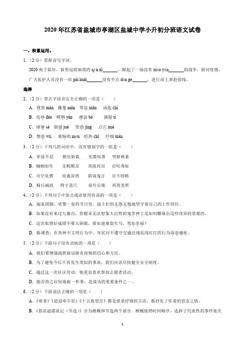 2020年江苏省盐城市亭湖区盐城中学小升初分班语文试卷(含解析)印刷版