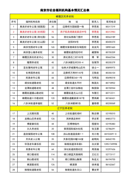 南京市社会福利机构基本情况汇总表