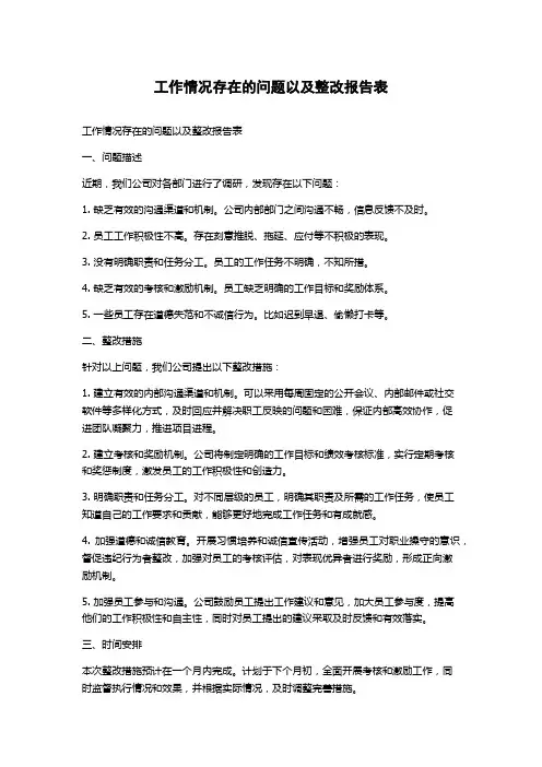 工作情况存在的问题以及整改报告表