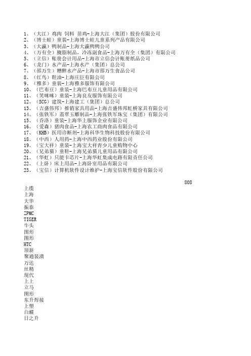 上海市著名商标企业名单