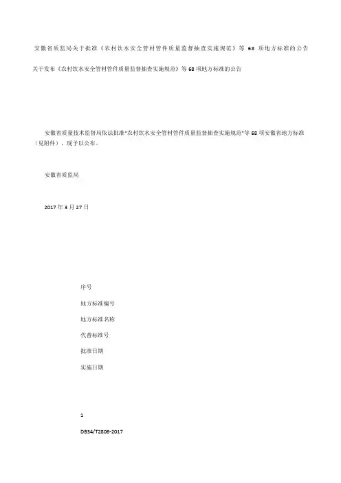 安徽省质监局关于批准《农村饮水安全管材管件质量监督抽查 实施规范》等项地方标准的公告