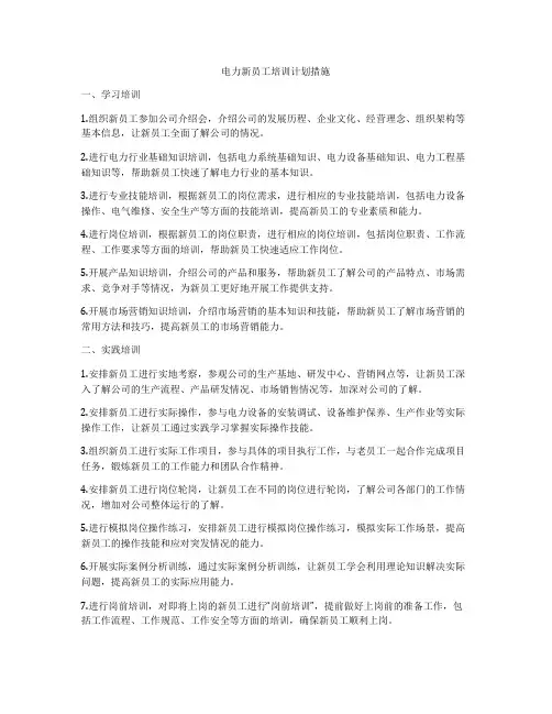 电力新员工培训计划措施