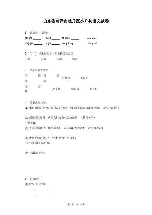 山东省菏泽市牡丹区小升初语文试卷和答案解析