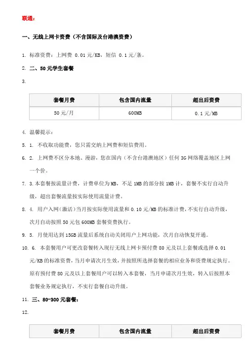 无线上网卡资费