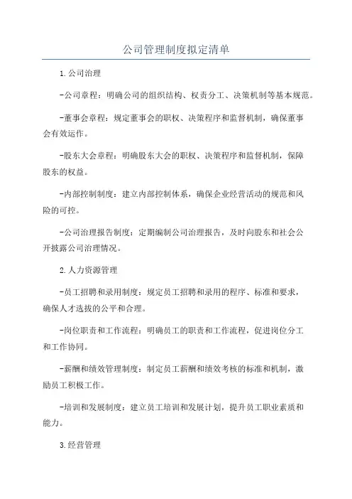 公司管理制度拟定清单