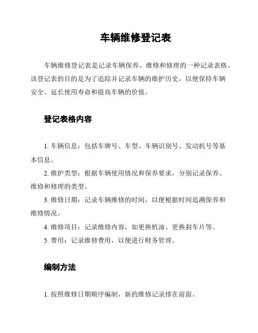 车辆维修登记表