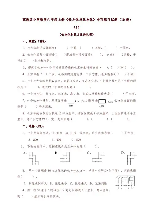 苏教版小学数学六年级上册《长方体与正方体》专项练习试题(10套)-精编