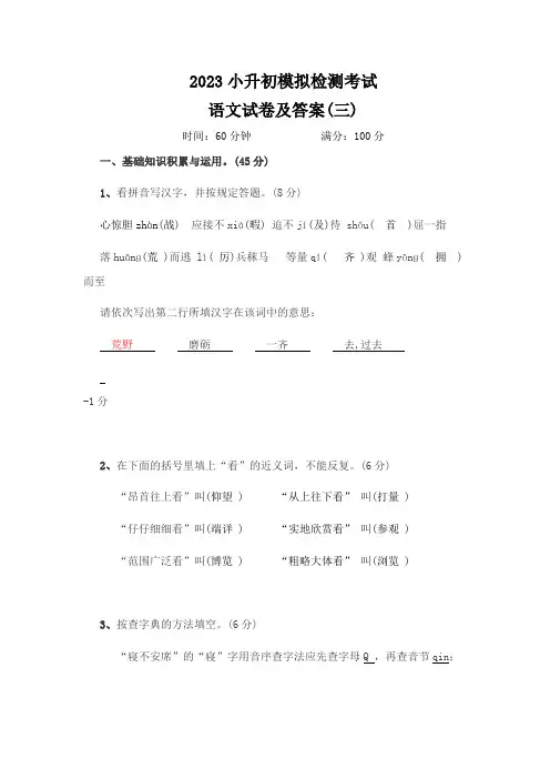 2023年新版小升初语文模拟试卷及答案