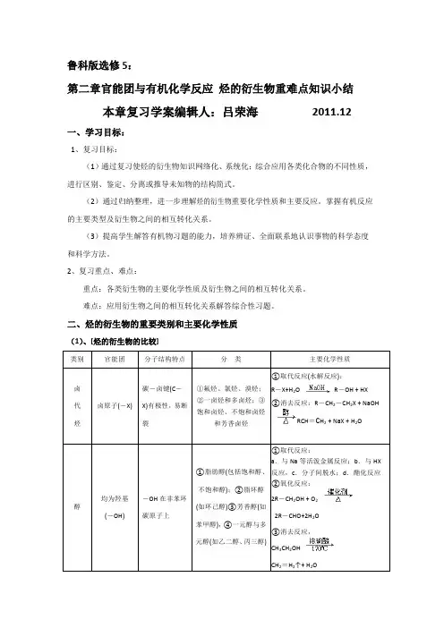 鲁科版选修5：第二章官能团与有机化学反应 烃的衍生物-复习学案