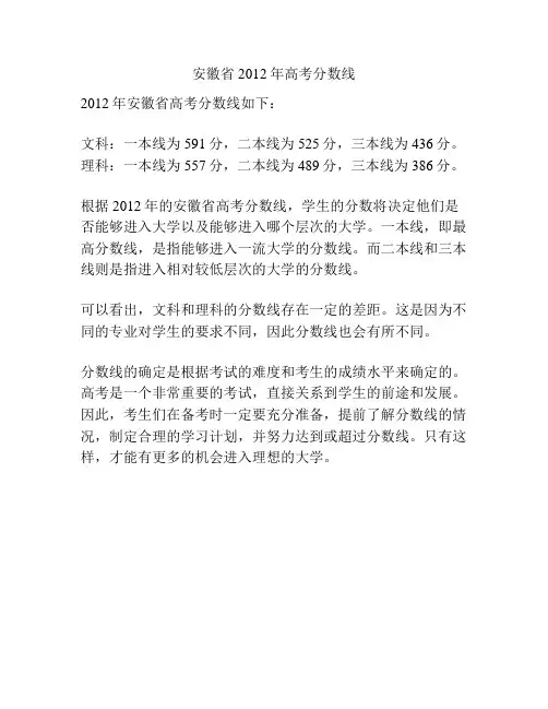 安徽省2012年高考分数线