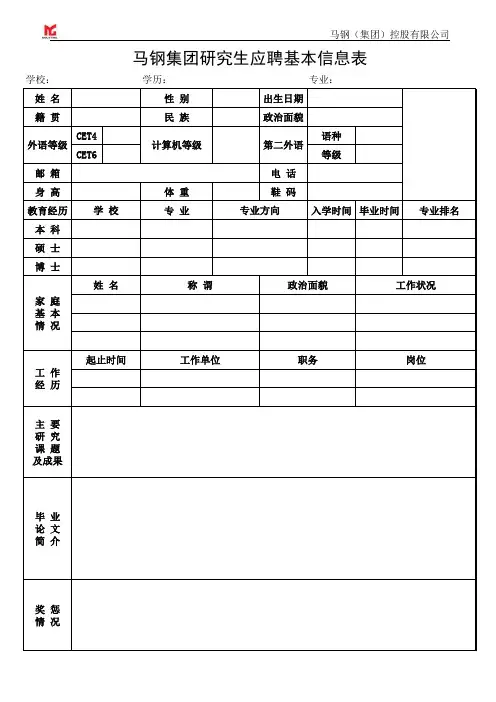 马钢集团研究生应聘基本信息表