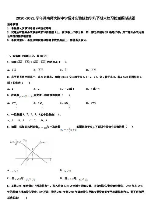 2020-2021学年湖南师大附中学博才实验校数学八下期末复习检测模拟试题含解析