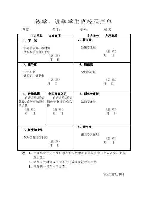转学、退学学生离校程序单