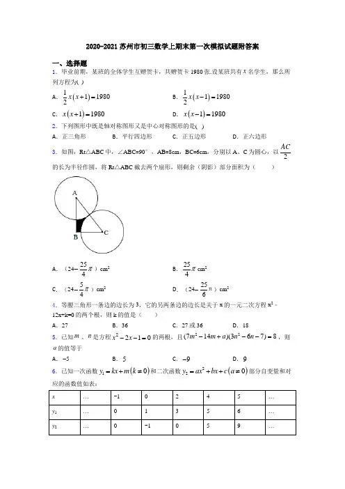 2020-2021苏州市初三数学上期末第一次模拟试题附答案