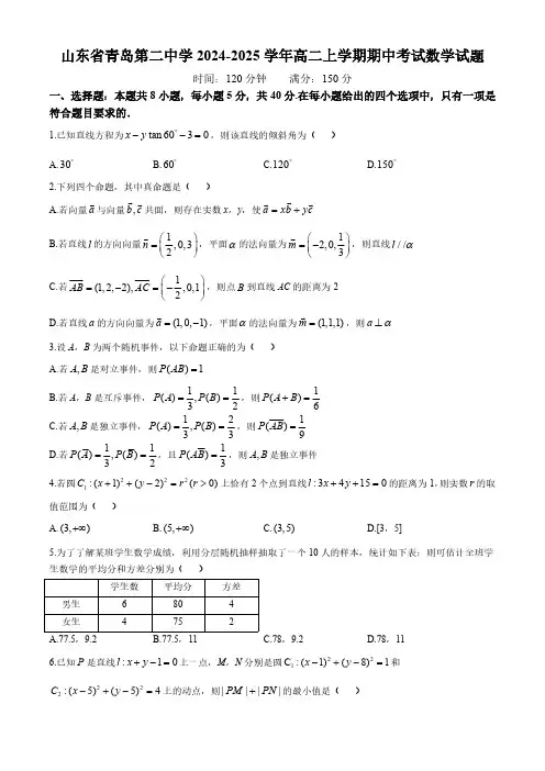 山东省青岛第二中学2024-2025学年高二上学期期中考试 数学试题(含解析)