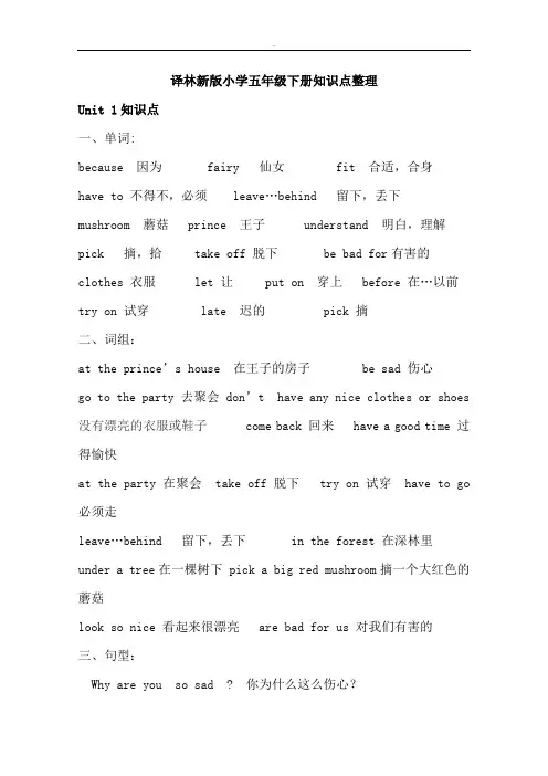 译林英语五年级复习知识点