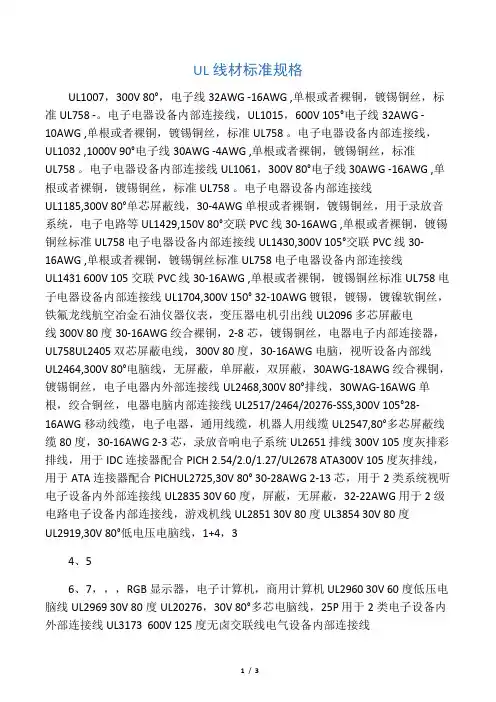 UL线材标准规格