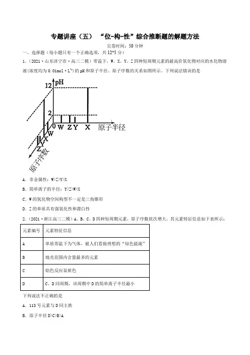 高中化学专题讲座 “位-构-性”综合推断题的解题方法(精练)-2022年一轮复习讲练测(原卷版)