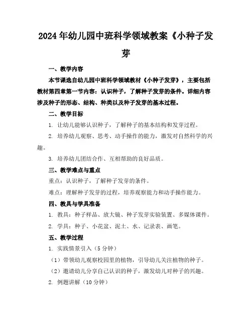 2024年幼儿园中班科学领域教案《小种子发芽