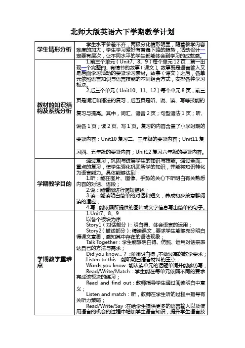 北师大版英语六下学期教学计划