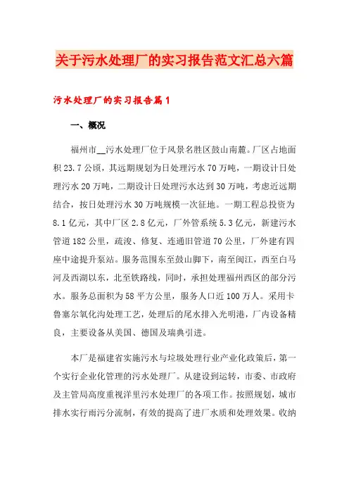 关于污水处理厂的实习报告范文汇总六篇