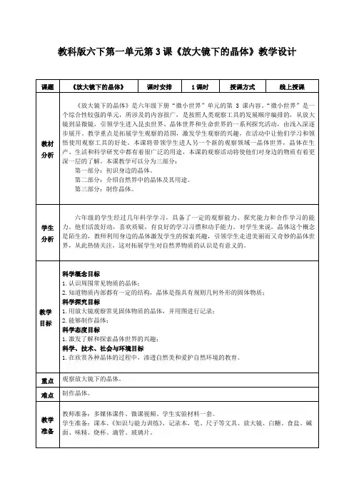 教科版科学六年级下册1.3《放大镜下的晶体》教案