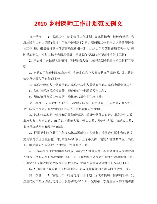 2020乡村医师工作计划范文例文
