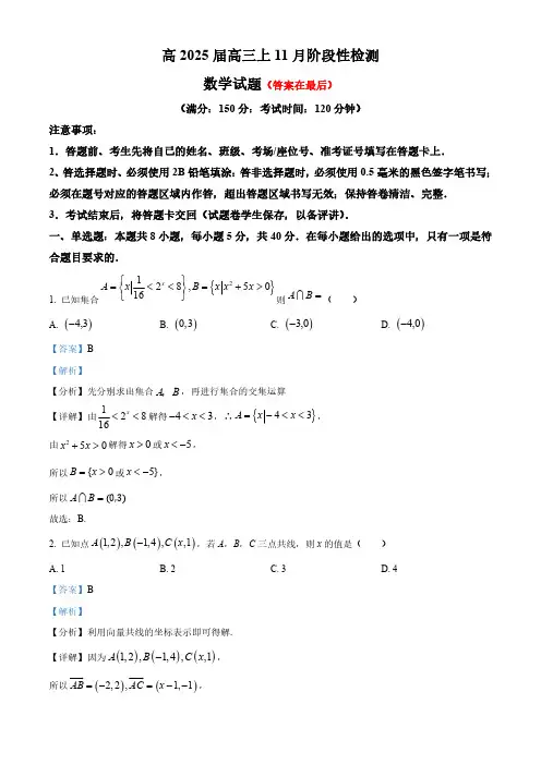 重庆市2025届高三上学期11月阶段性检测数学试题含答案