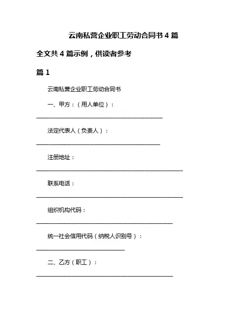 云南私营企业职工劳动合同书4篇
