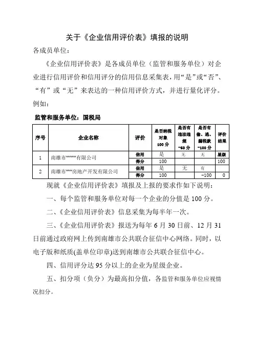 关于《企业信用评价表》填报的说明