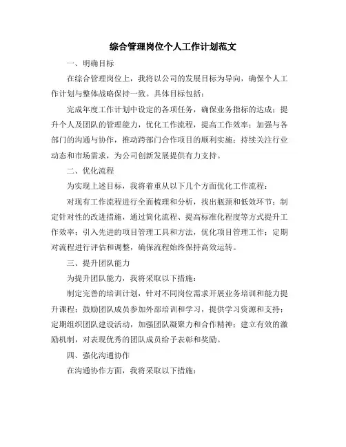 综合管理岗位个人工作计划范文